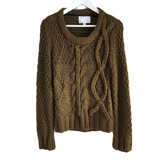 JOA olive-brown-green chunky knit braided rope accent knit sweater - Picture 2 of 13